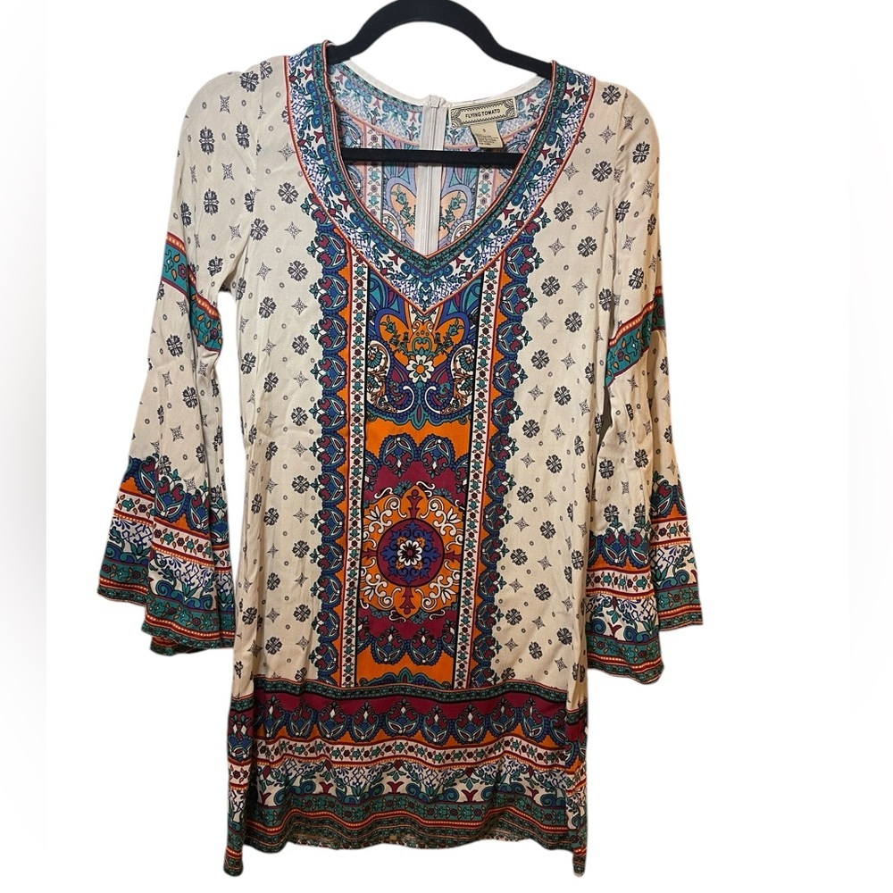 Flying Tomato boho mini dress bell sleeve small hippie